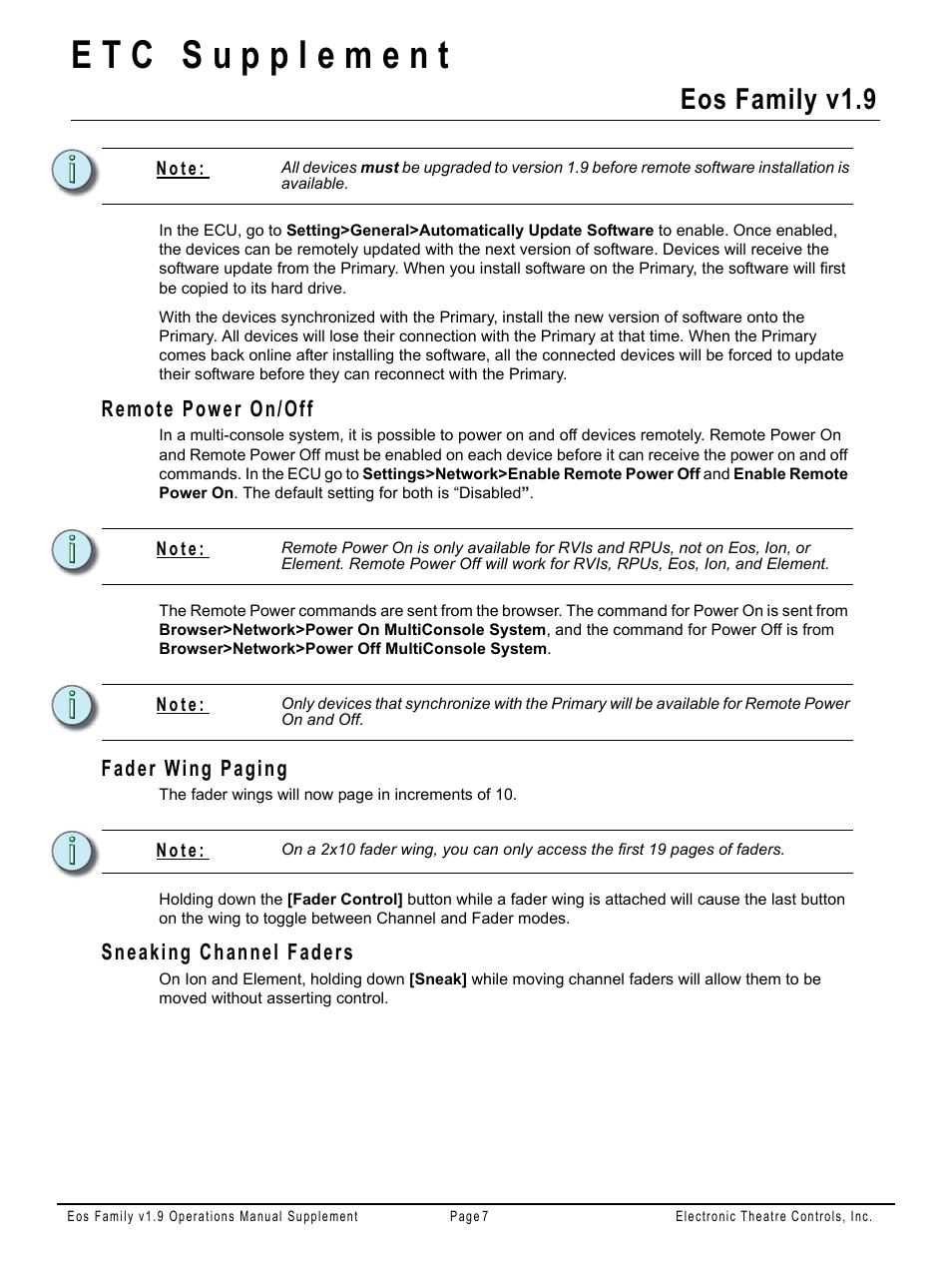 Remote power on/off, Fader wing paging, Sneaking channel faders | Eos family v1.9 | ETC Eos Family v1.9.0 User Manual | Page 7 / 16