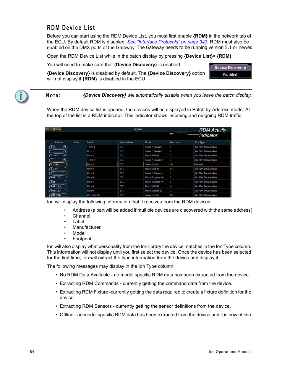 Rdm device list, N o t e | ETC Ion User Manual | Page 100 / 440