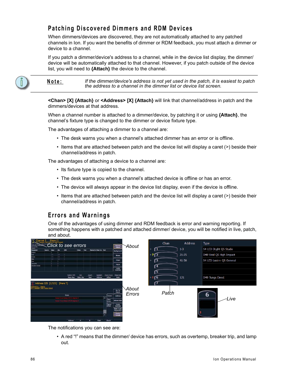 Patching discovered dimmers and rdm devices, Errors and warnings, N o t e | ETC Ion User Manual | Page 102 / 440