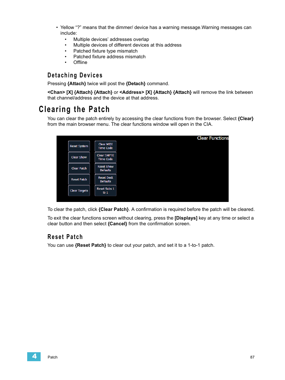 Detaching devices, Clearing the patch, Reset patch | ETC Ion User Manual | Page 103 / 440