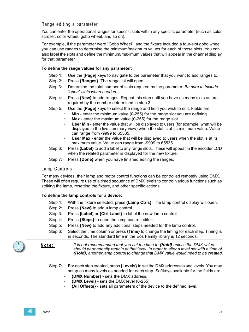 Range editing a parameter, Lamp controls, N o t e | ETC Ion User Manual | Page 107 / 440