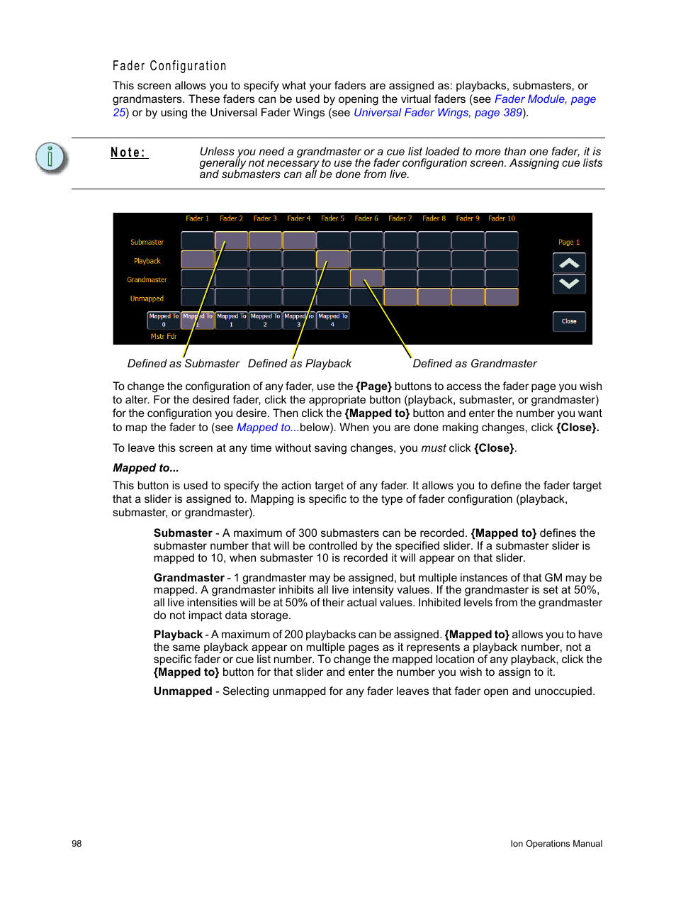 Fader configuration, N o t e | ETC Ion User Manual | Page 114 / 440