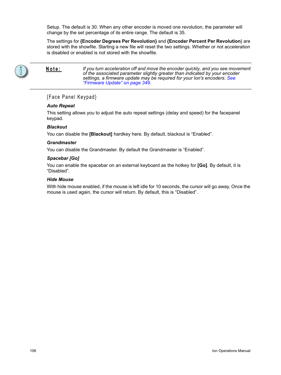Face panel keypad, N o t e | ETC Ion User Manual | Page 122 / 440