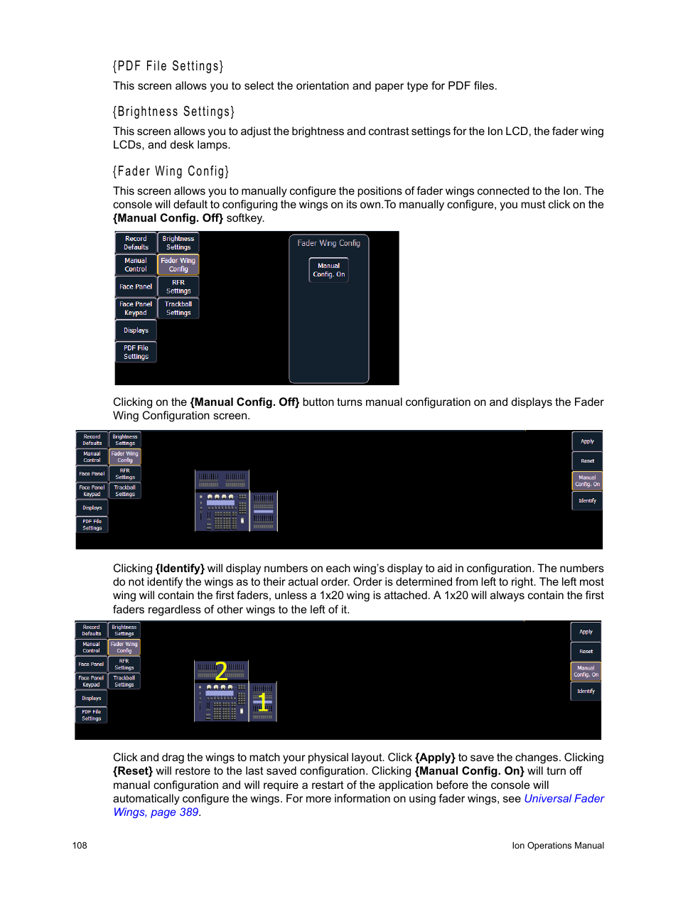 Pdf file settings, Brightness settings, Fader wing config | ETC Ion User Manual | Page 124 / 440