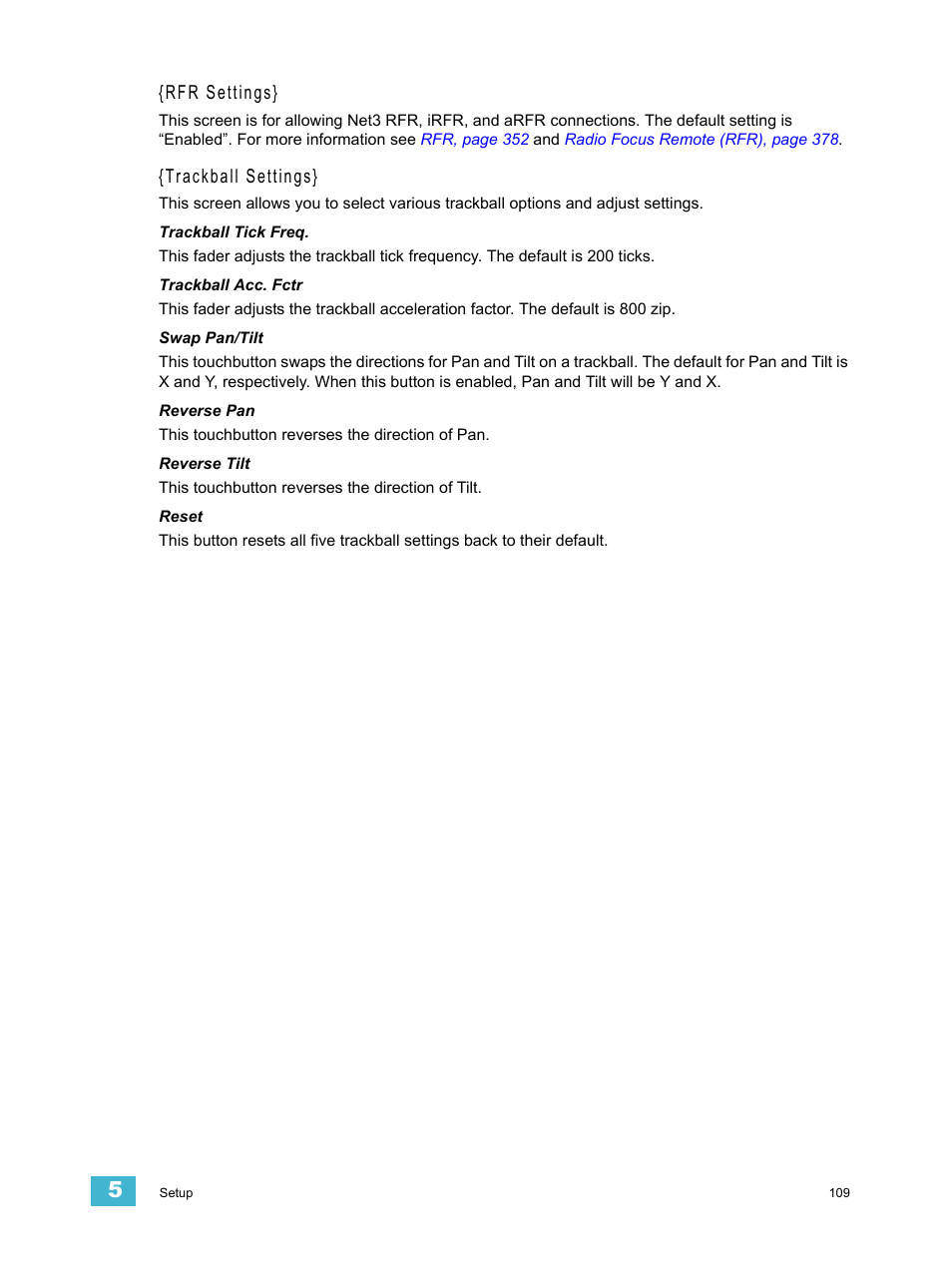 Rfr settings, Trackball settings | ETC Ion User Manual | Page 125 / 440
