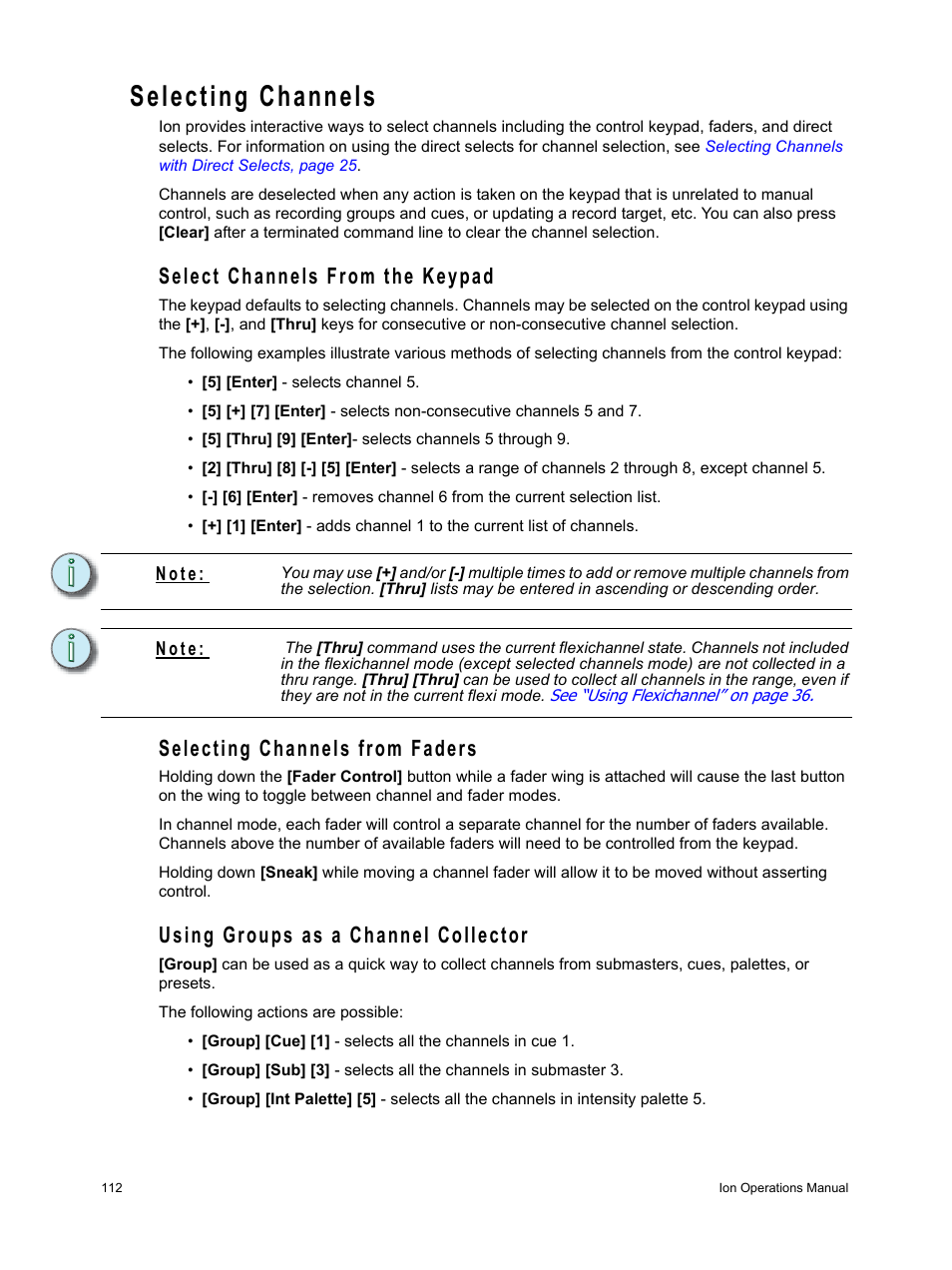 Selecting channels, Select channels from the keypad, Selecting channels from faders | Using groups as a channel collector | ETC Ion User Manual | Page 128 / 440