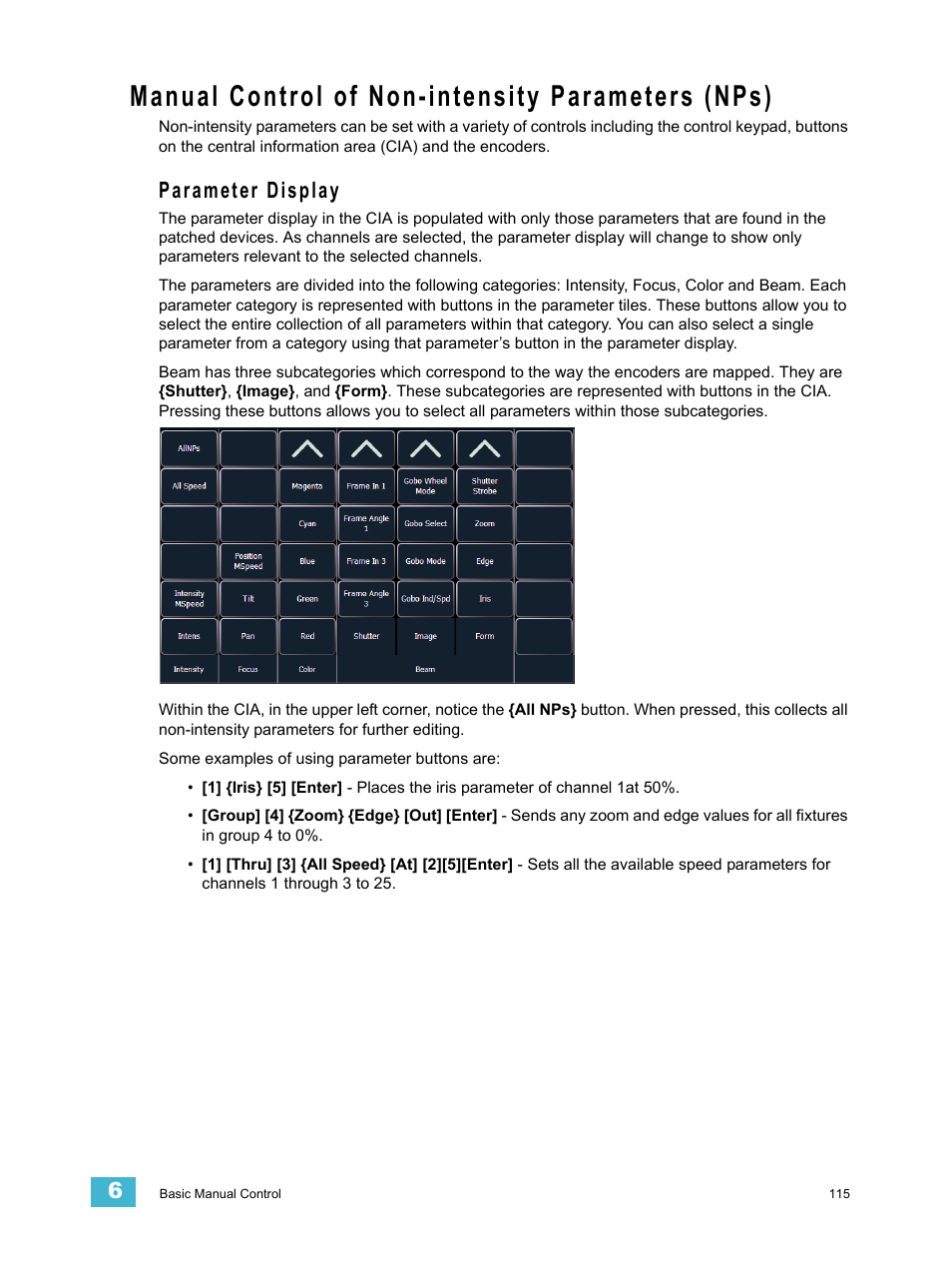 Manual control of non-intensity parameters (nps), Parameter display | ETC Ion User Manual | Page 131 / 440