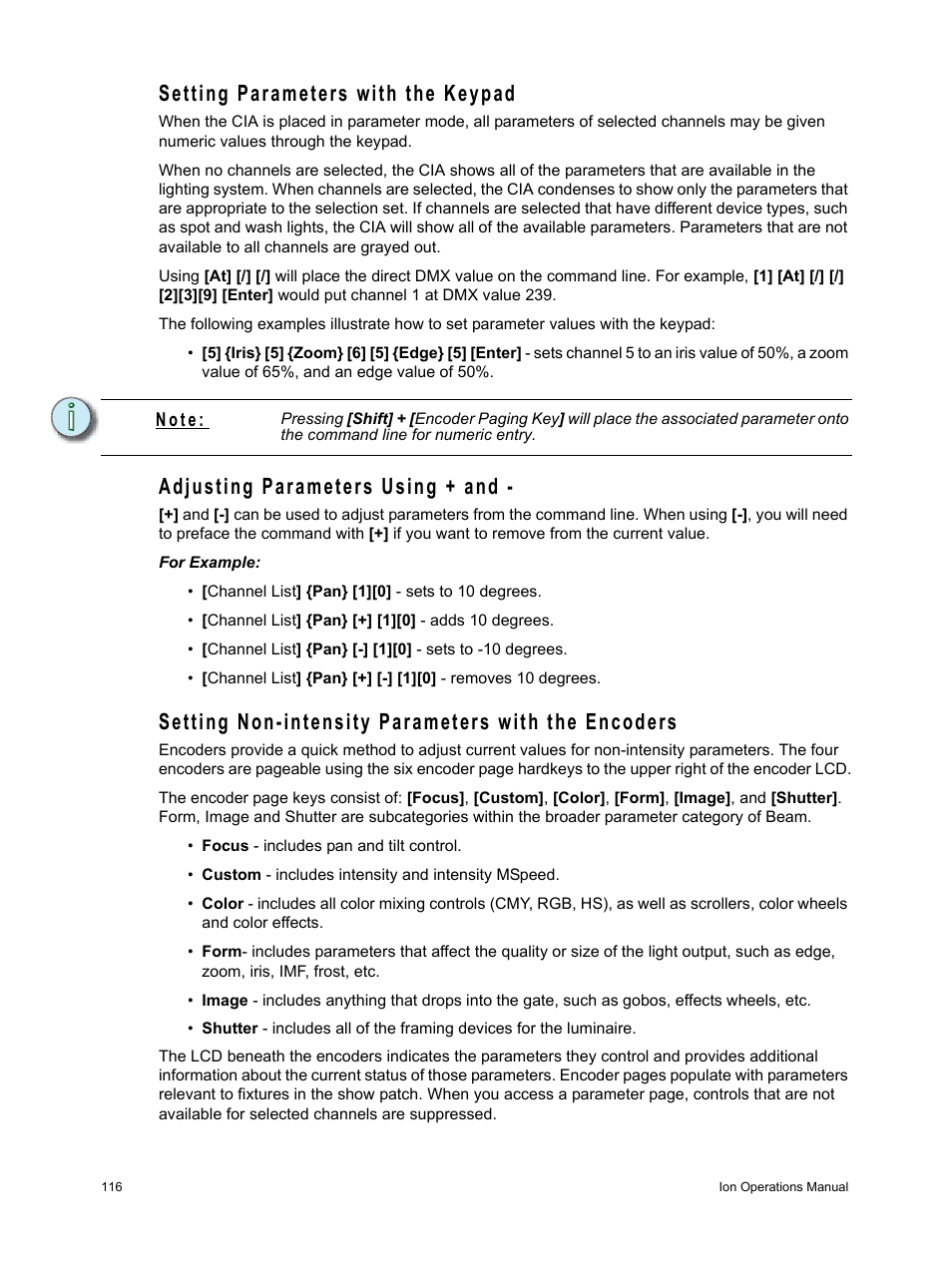 Setting parameters with the keypad, Adjusting parameters using + and, Setting non-intensity parameters with the encoders | ETC Ion User Manual | Page 132 / 440