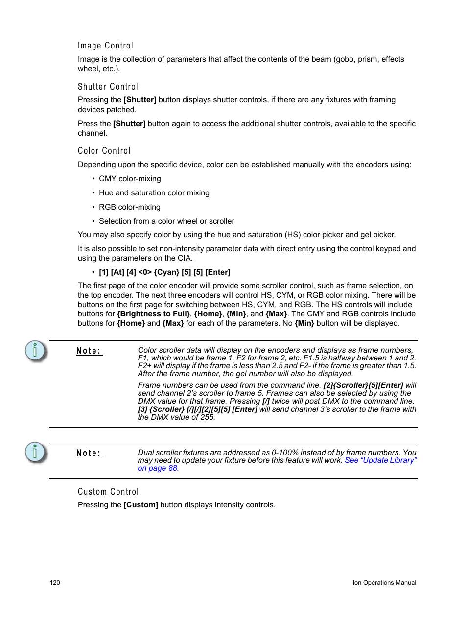 Image control, Shutter control, Color control | Custom control, N o t e | ETC Ion User Manual | Page 136 / 440