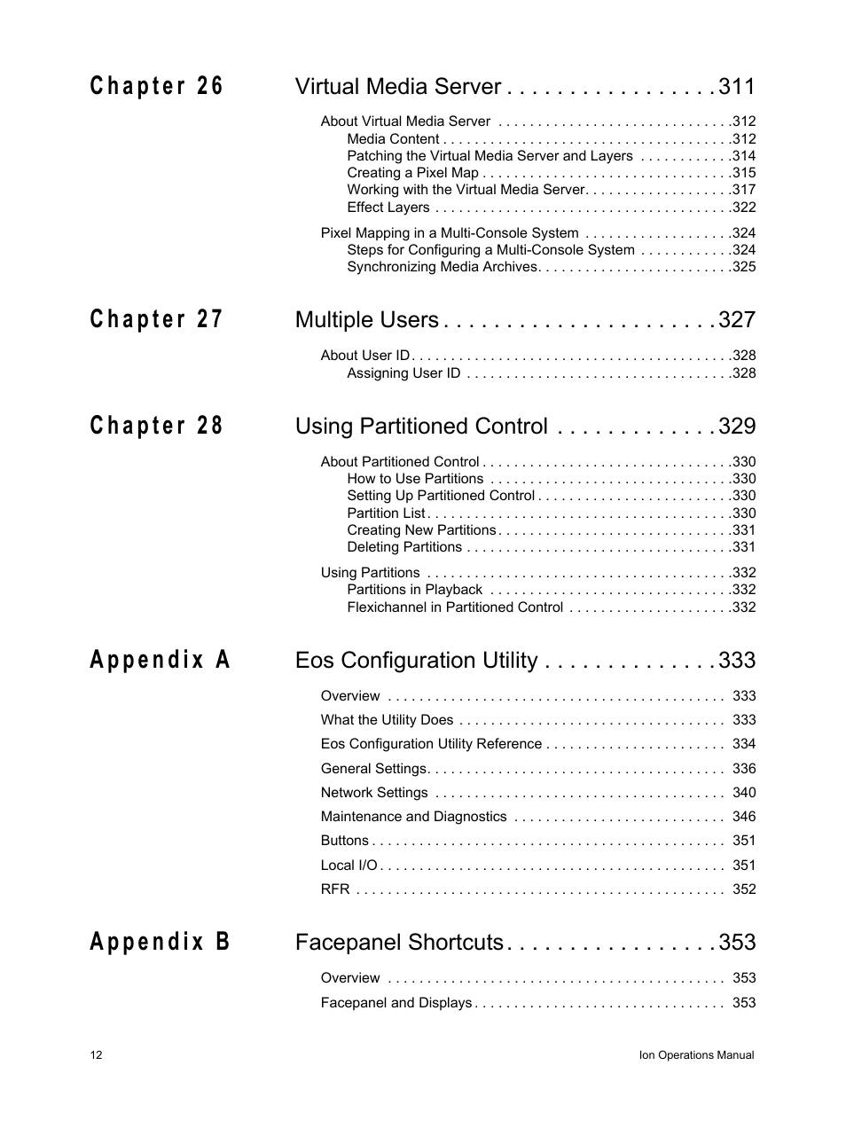 Virtual media server, Multiple users, Using partitioned control | Eos configuration utility, Facepanel shortcuts | ETC Ion User Manual | Page 14 / 440