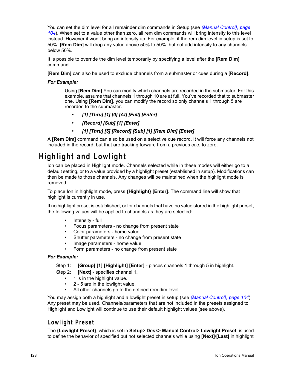 Highlight and lowlight, Lowlight preset | ETC Ion User Manual | Page 144 / 440