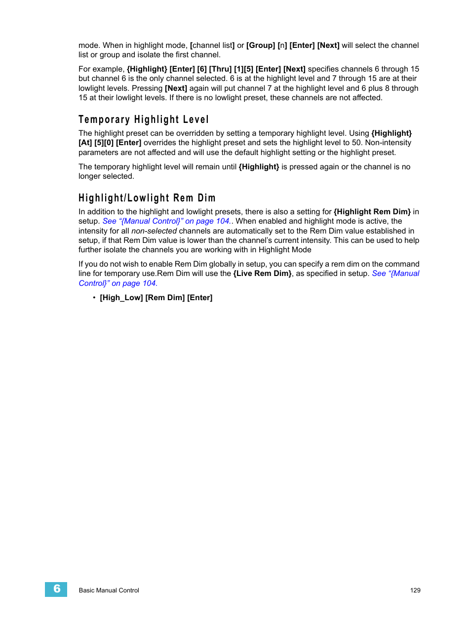 Temporary highlight level, Highlight/lowlight rem dim | ETC Ion User Manual | Page 145 / 440