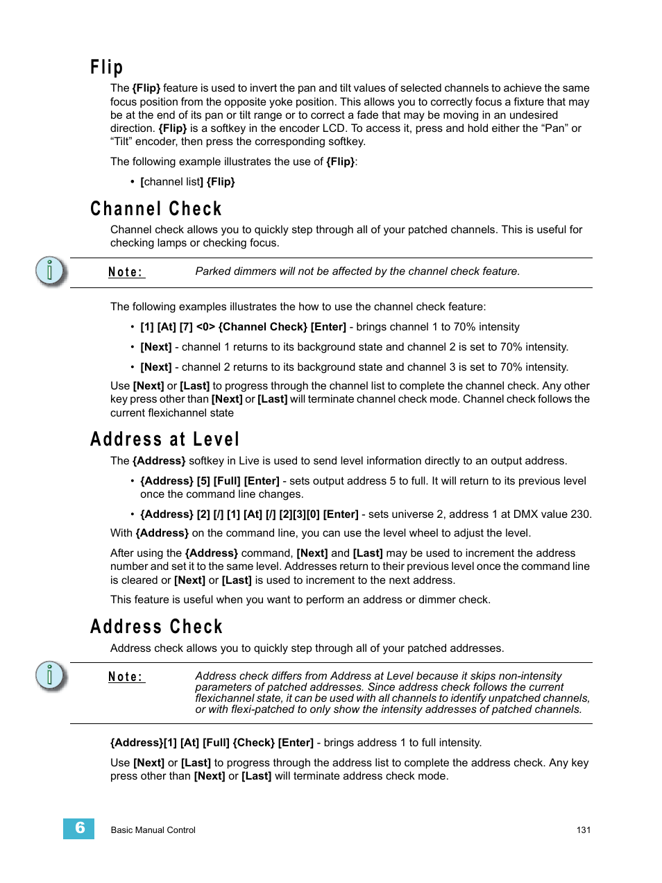 Flip, Channel check, Address at level | Address check | ETC Ion User Manual | Page 147 / 440