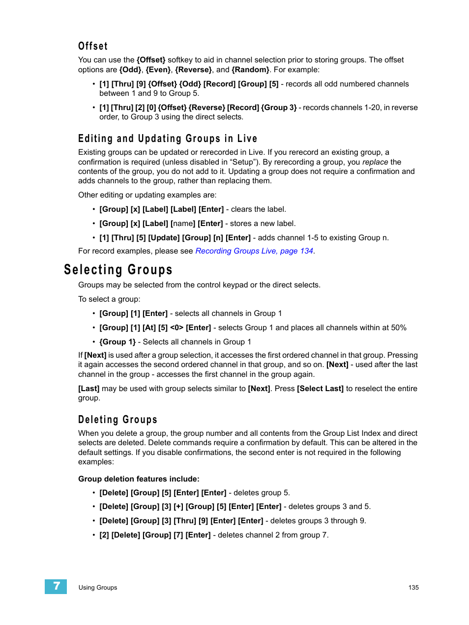 Offset, Editing and updating groups in live, Selecting groups | Deleting groups, Offset editing and updating groups in live | ETC Ion User Manual | Page 151 / 440