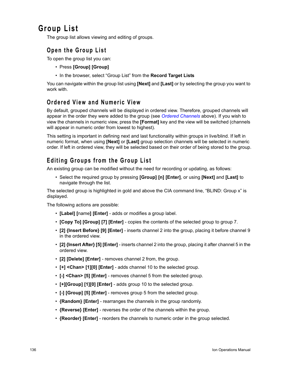 Group list, Open the group list, Ordered view and numeric view | Editing groups from the group list | ETC Ion User Manual | Page 152 / 440