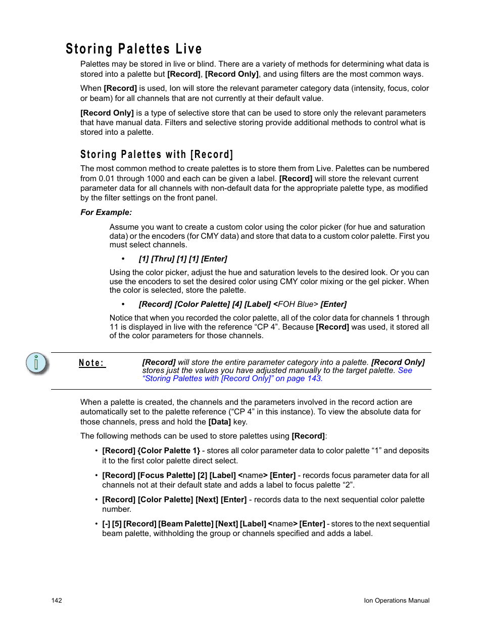 Storing palettes live, Storing palettes with [record, N o t e | ETC Ion User Manual | Page 158 / 440