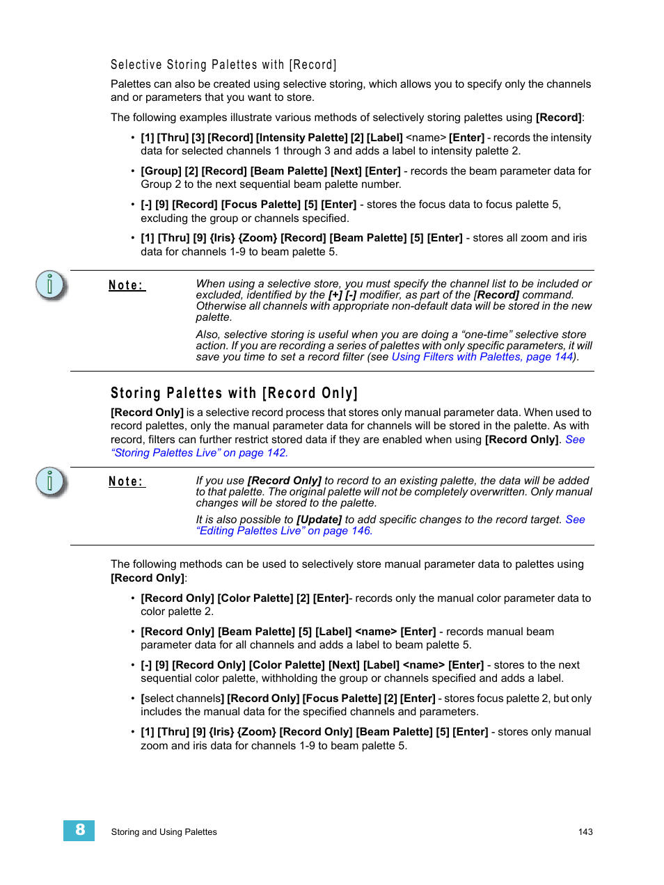 Storing palettes with [record only, Selective storing palettes with [record, N o t e | ETC Ion User Manual | Page 159 / 440