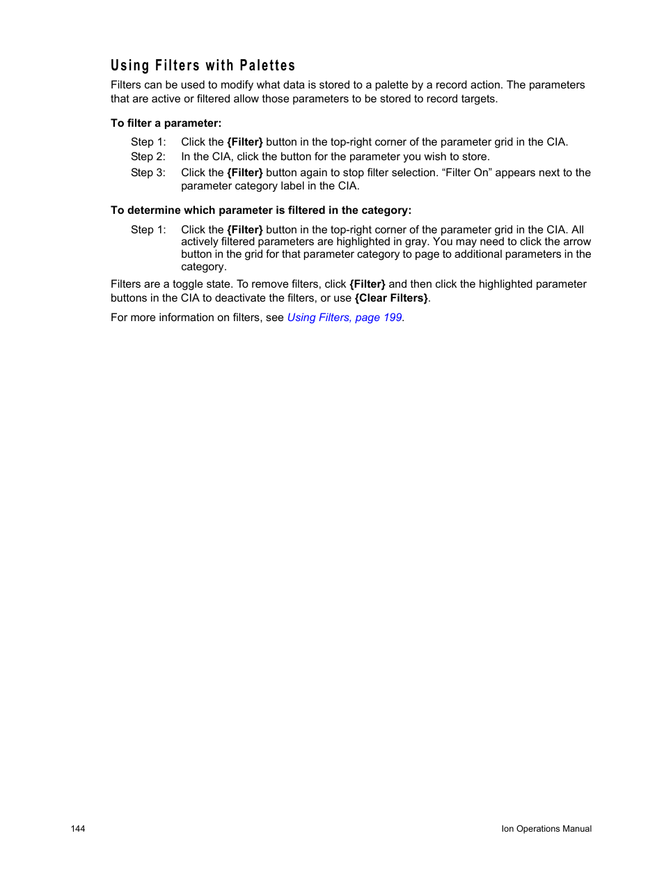 Using filters with palettes | ETC Ion User Manual | Page 160 / 440