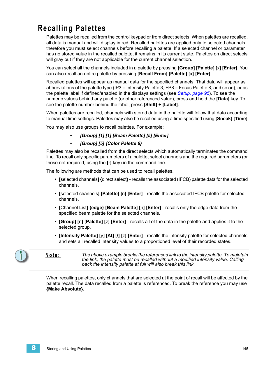 Recalling palettes, N o t e | ETC Ion User Manual | Page 161 / 440