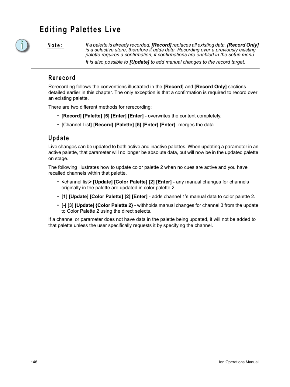 Editing palettes live, Rerecord, Update | ETC Ion User Manual | Page 162 / 440