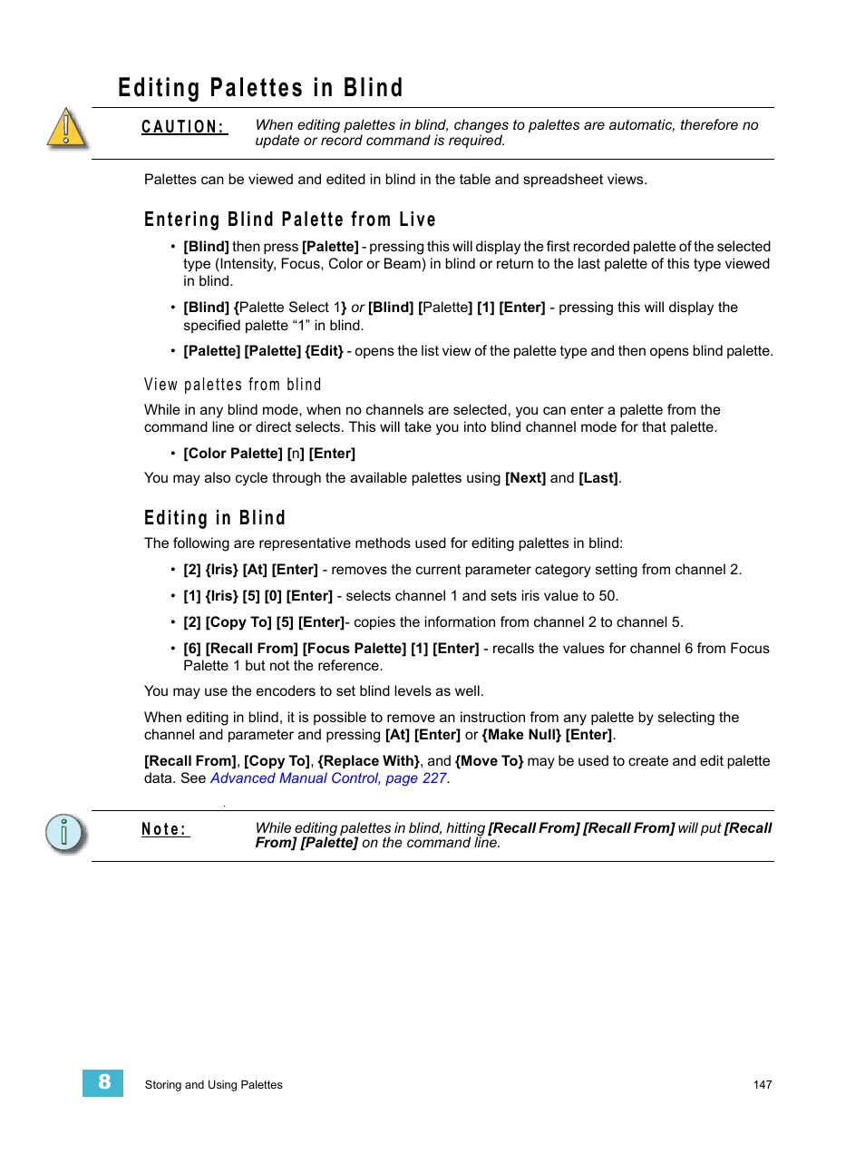 Editing palettes in blind, Entering blind palette from live, Editing in blind | Entering blind palette from live editing in blind | ETC Ion User Manual | Page 163 / 440