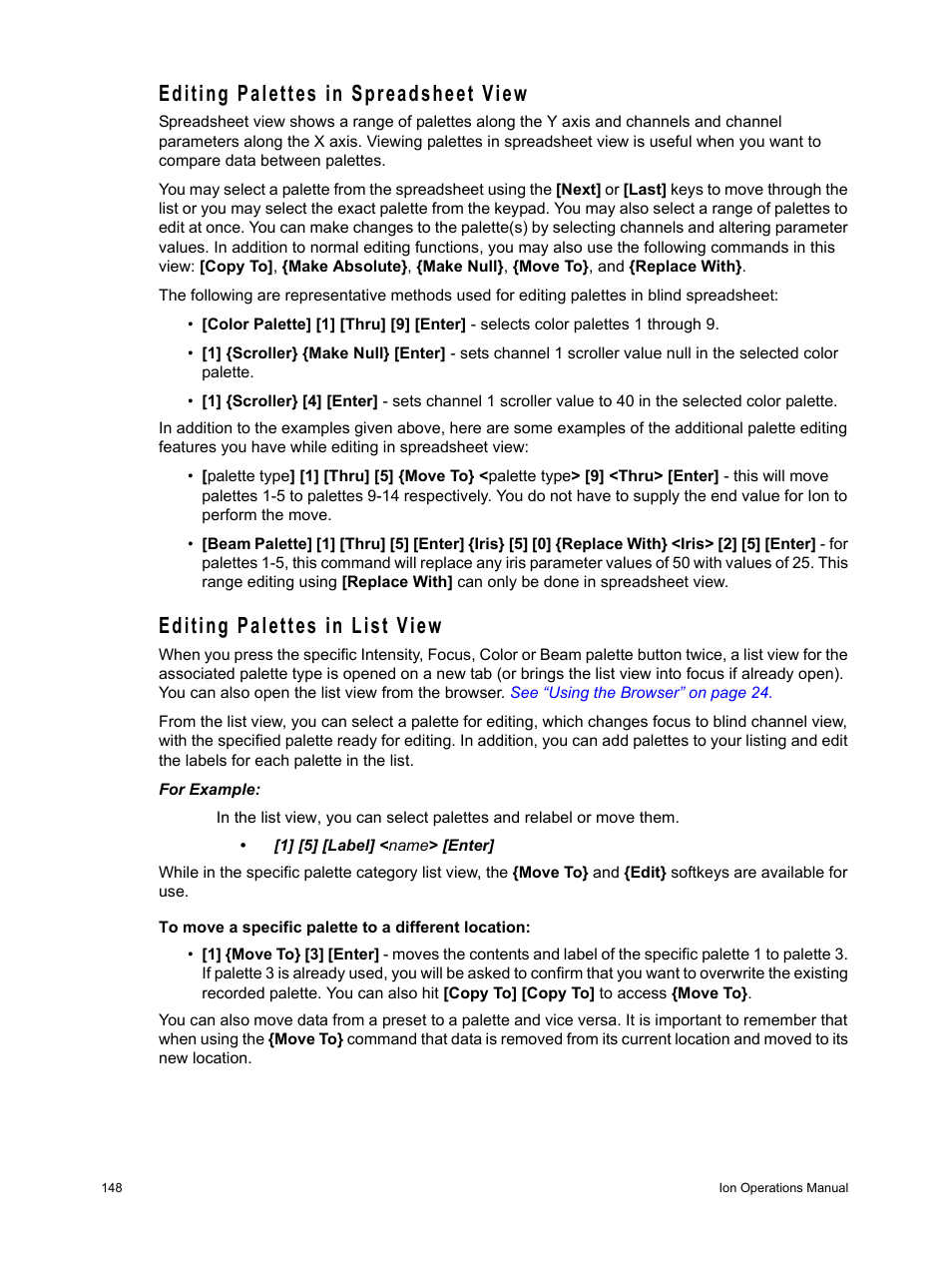 Editing palettes in spreadsheet view, Editing palettes in list view | ETC Ion User Manual | Page 164 / 440