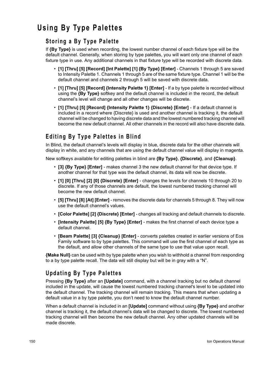Using by type palettes, Storing a by type palette, Editing by type palettes in blind | Updating by type palettes | ETC Ion User Manual | Page 166 / 440