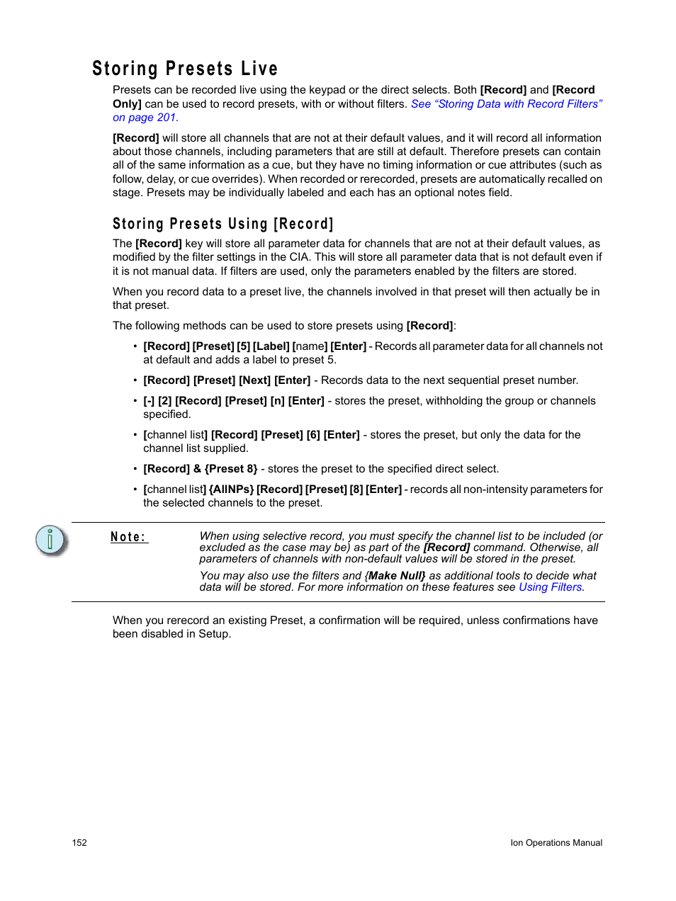 Storing presets live, Storing presets using [record | ETC Ion User Manual | Page 168 / 440