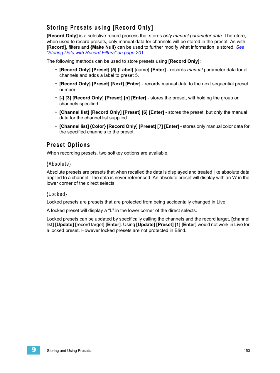 Storing presets using [record only, Preset options, Storing presets using [record only] preset options | ETC Ion User Manual | Page 169 / 440