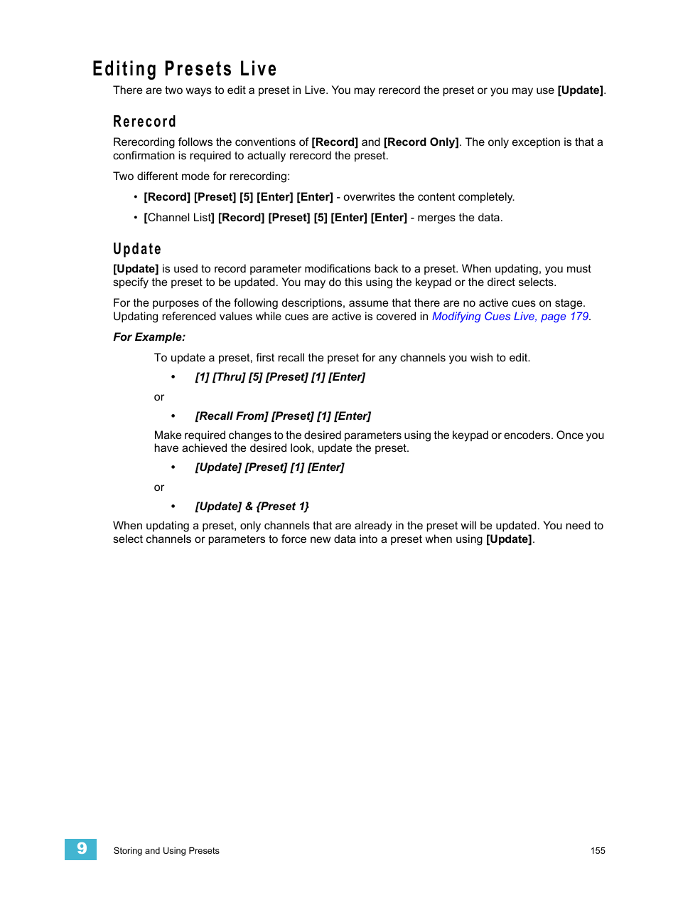 Editing presets live, Rerecord, Update | Rerecord update | ETC Ion User Manual | Page 171 / 440