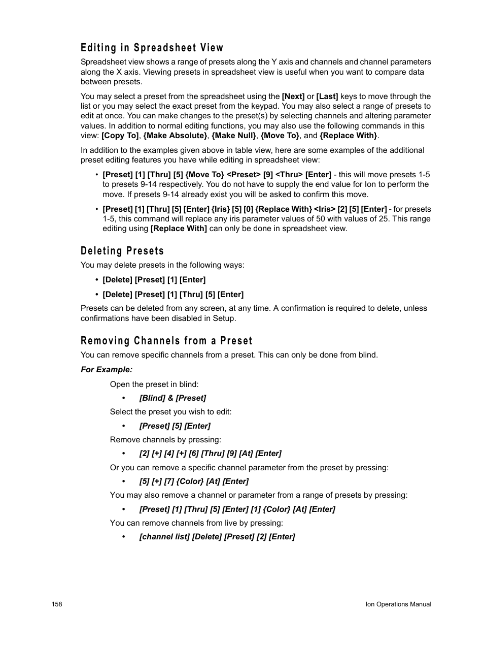 Editing in spreadsheet view, Deleting presets, Removing channels from a preset | ETC Ion User Manual | Page 174 / 440