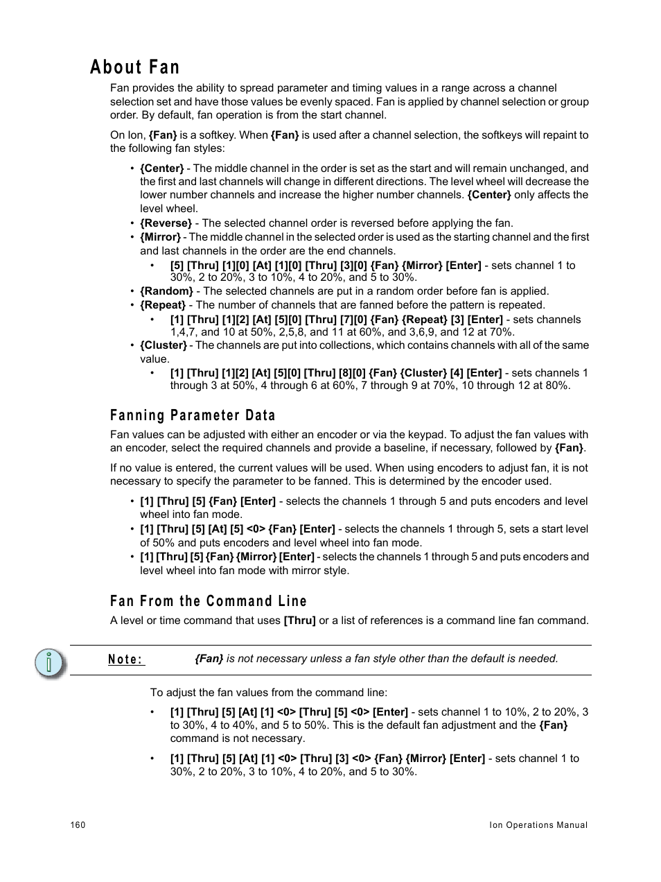 About fan, Fanning parameter data, Fan from the command line | Fanning parameter data fan from the command line | ETC Ion User Manual | Page 176 / 440