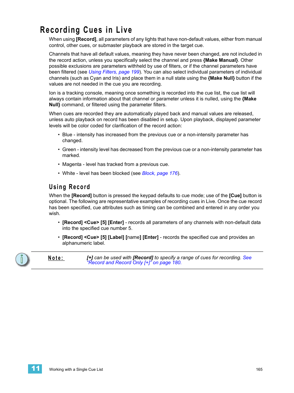 Recording cues in live, Using record | ETC Ion User Manual | Page 181 / 440