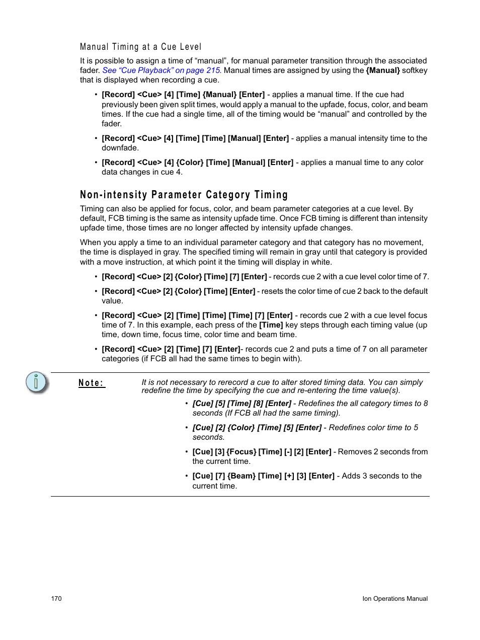 Non-intensity parameter category timing, Manual timing at a cue level, N o t e | ETC Ion User Manual | Page 186 / 440