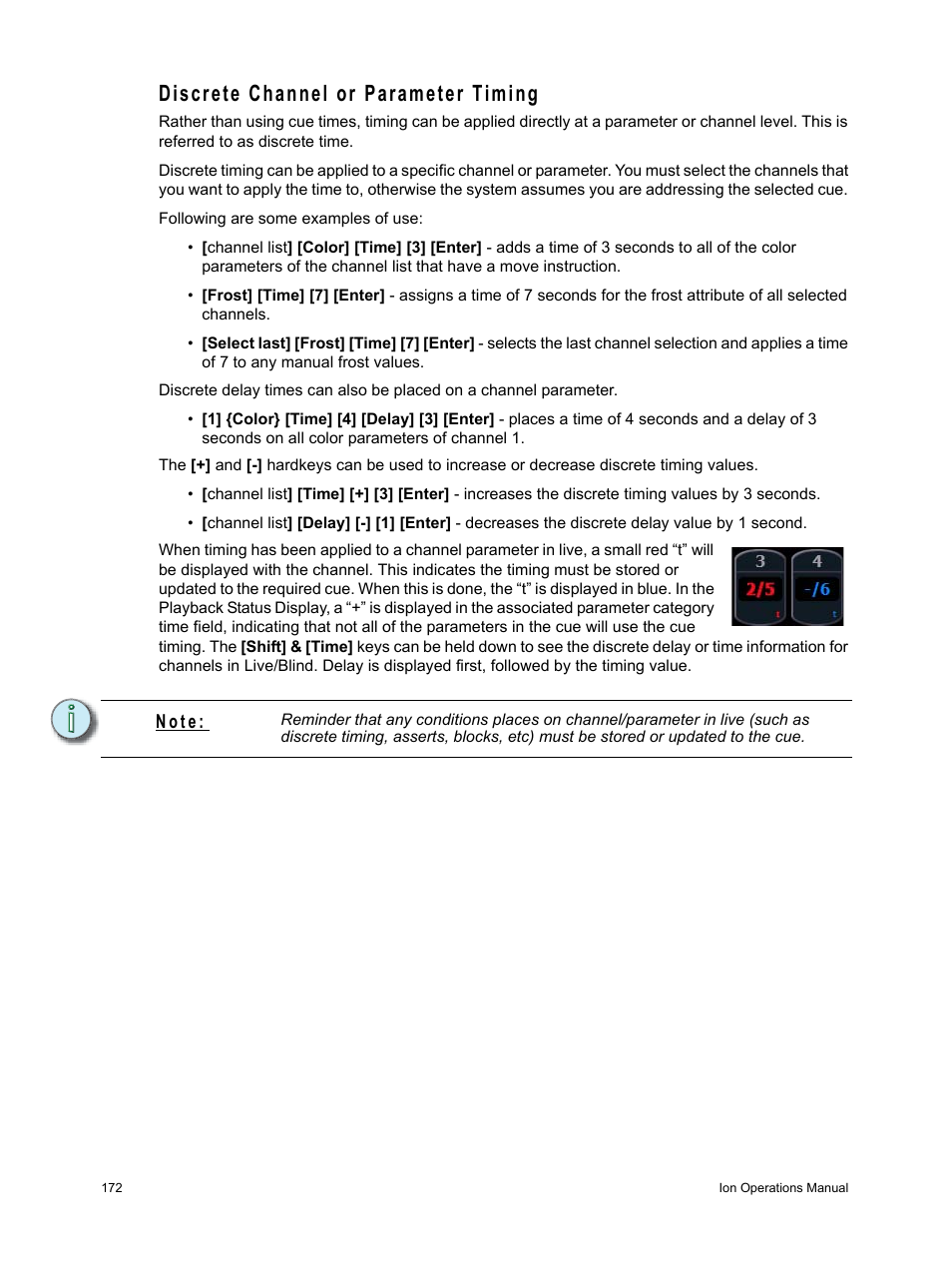 Discrete channel or parameter timing, N o t e | ETC Ion User Manual | Page 188 / 440