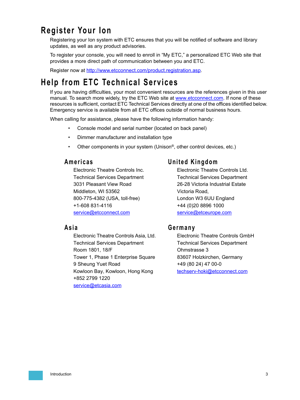 Register your ion, Help from etc technical services, Americas united kingdom | Asia germany | ETC Ion User Manual | Page 19 / 440