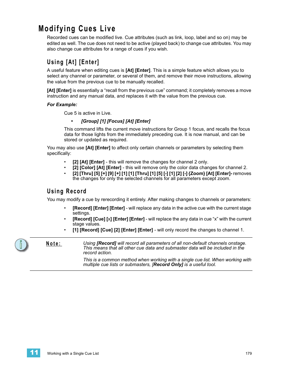 Modifying cues live, Using [at] [enter, Using record | Using [at] [enter] using record | ETC Ion User Manual | Page 195 / 440