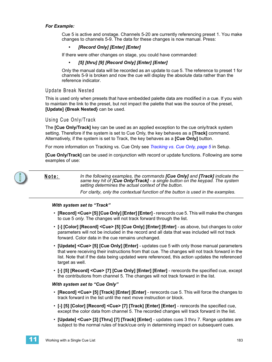 Update break nested, Using cue only/track, N o t e | ETC Ion User Manual | Page 199 / 440