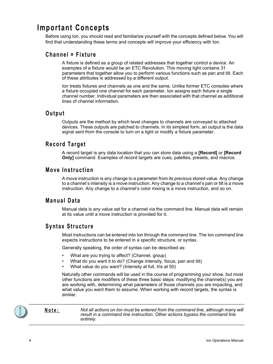 Important concepts, Channel = fixture, Output | Record target, Move instruction, Manual data, Syntax structure | ETC Ion User Manual | Page 20 / 440