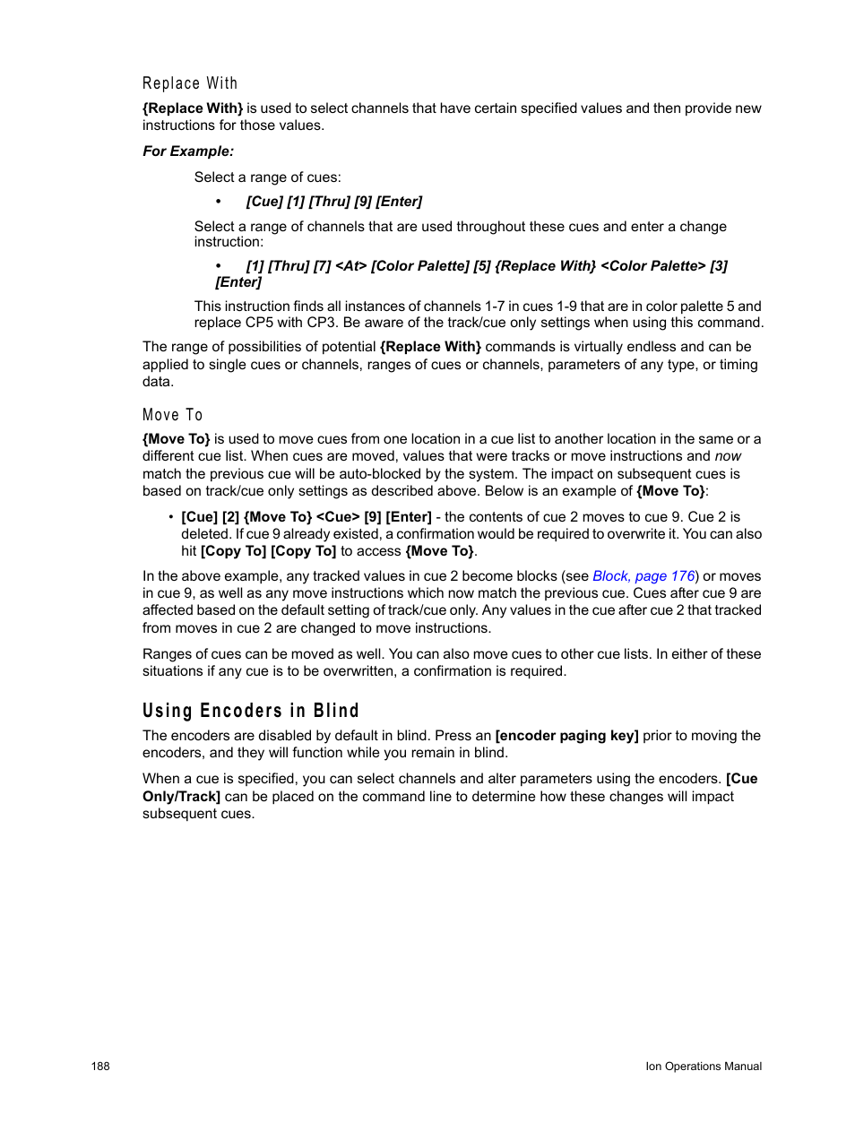Using encoders in blind, Replace with, Move to | ETC Ion User Manual | Page 204 / 440