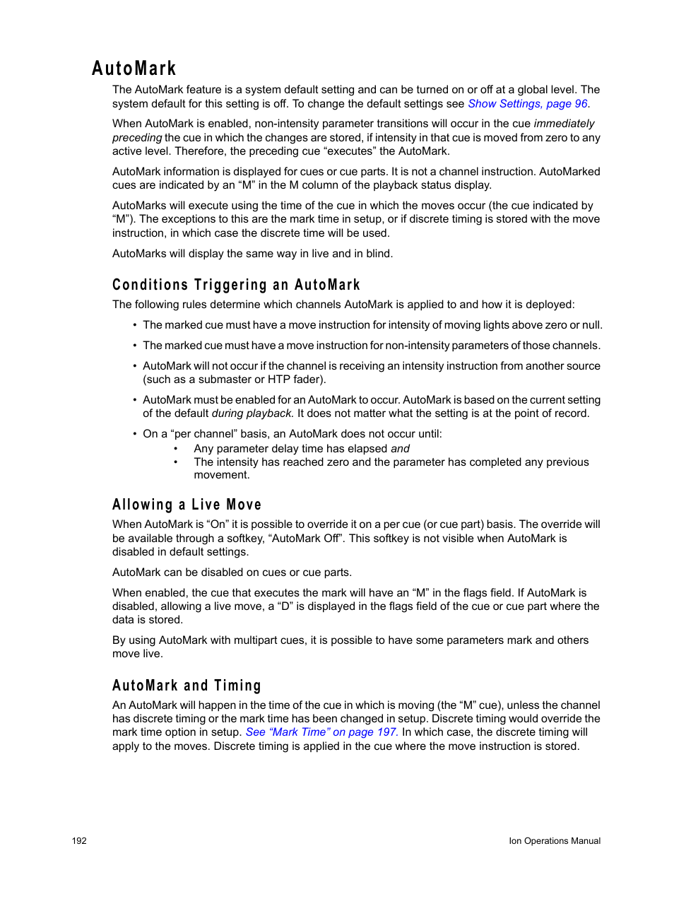 Automark, Conditions triggering an automark, Allowing a live move | Automark and timing | ETC Ion User Manual | Page 208 / 440