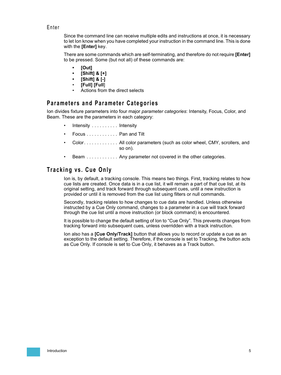 Parameters and parameter categories, Tracking vs. cue only, Enter | ETC Ion User Manual | Page 21 / 440