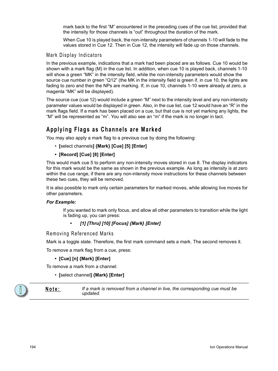 Applying flags as channels are marked, Mark display indicators, Removing referenced marks | N o t e | ETC Ion User Manual | Page 210 / 440