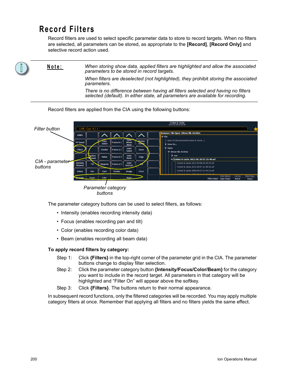 Record filters, N o t e | ETC Ion User Manual | Page 216 / 440