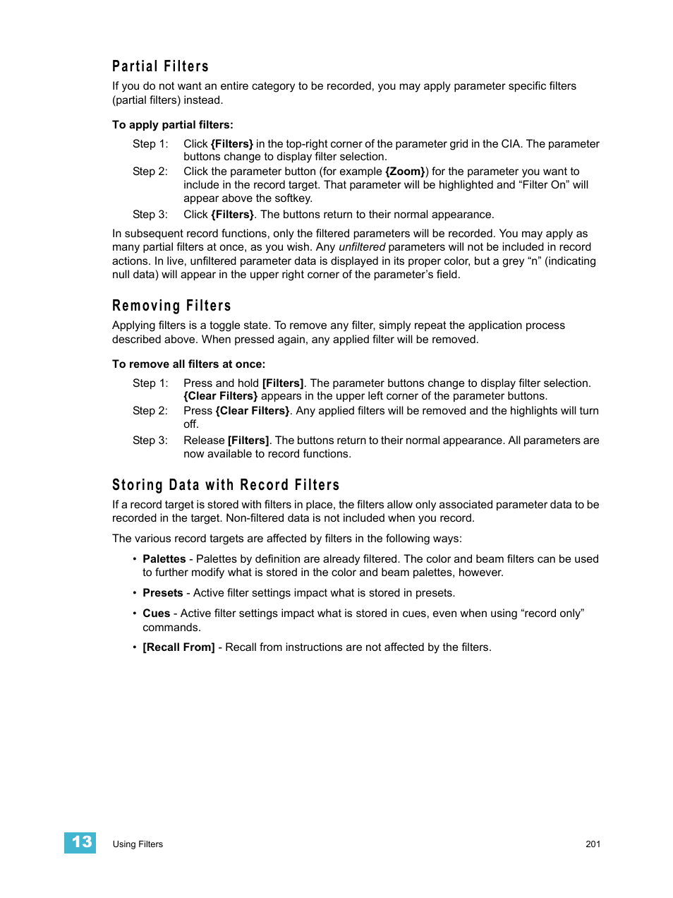 Partial filters, Removing filters, Storing data with record filters | ETC Ion User Manual | Page 217 / 440