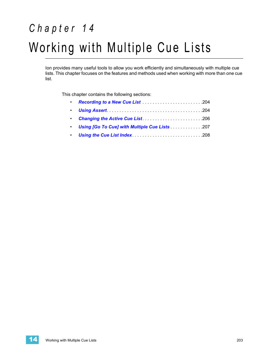 Working with multiple cue lists, C h a p t e r 1 4, Working | ETC Ion User Manual | Page 219 / 440