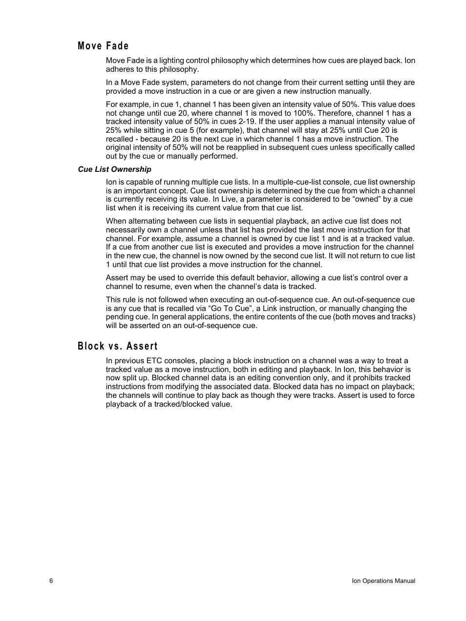 Move fade, Block vs. assert, Move fade block vs. assert | ETC Ion User Manual | Page 22 / 440