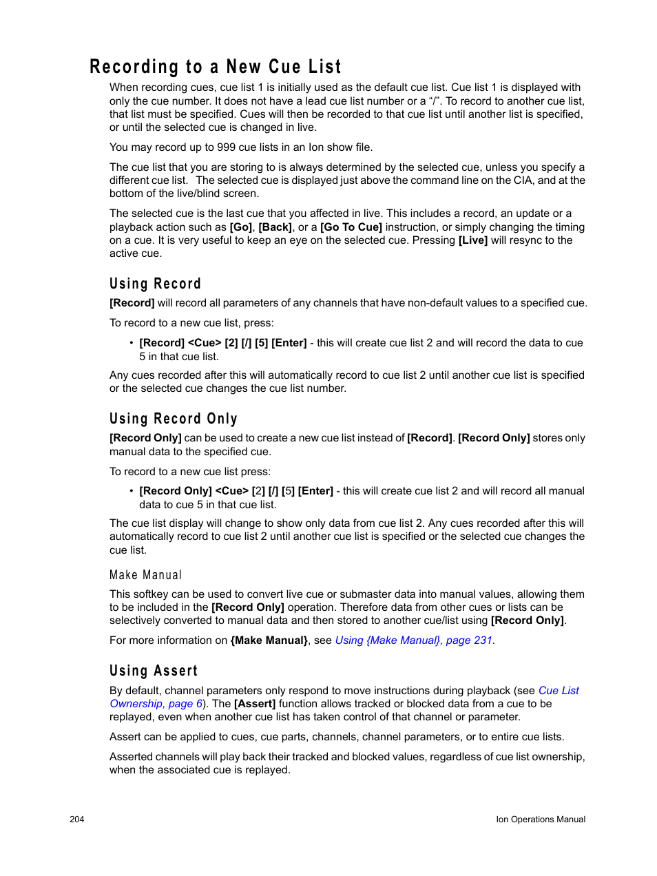 Recording to a new cue list, Using record, Using record only | Using assert, Using record using record only using assert | ETC Ion User Manual | Page 220 / 440