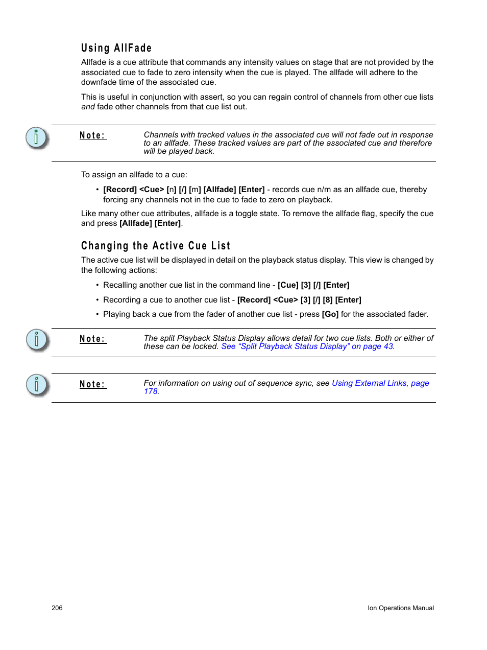 Using allfade, Changing the active cue list, Using allfade changing the active cue list | ETC Ion User Manual | Page 222 / 440