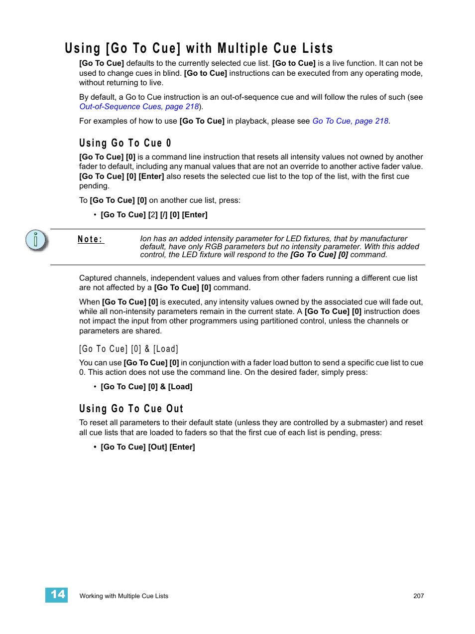 Using [go to cue] with multiple cue lists, Using go to cue 0, Using go to cue out | Using go to cue 0 using go to cue out | ETC Ion User Manual | Page 223 / 440